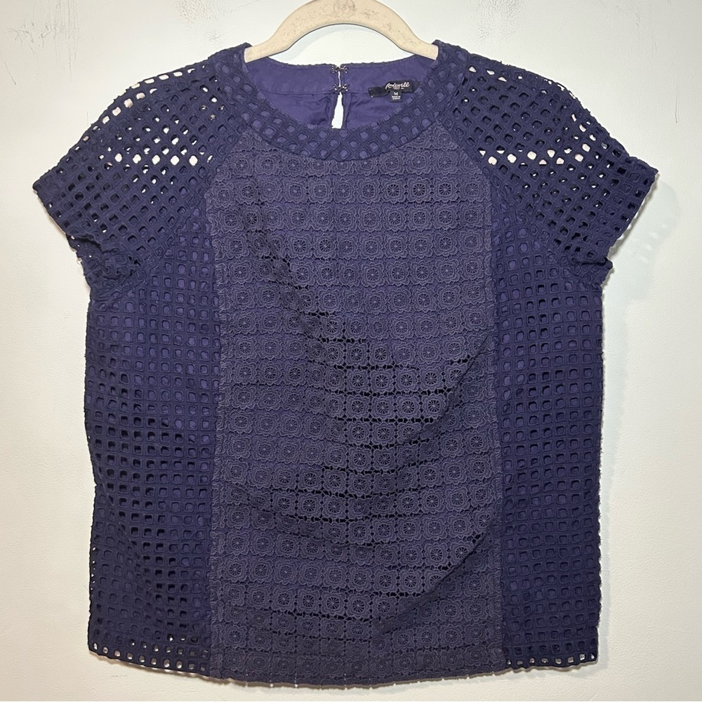 Madewell Eyelet Hideaway Blue Floral Knit Short Sleeve Blouse Size Medium